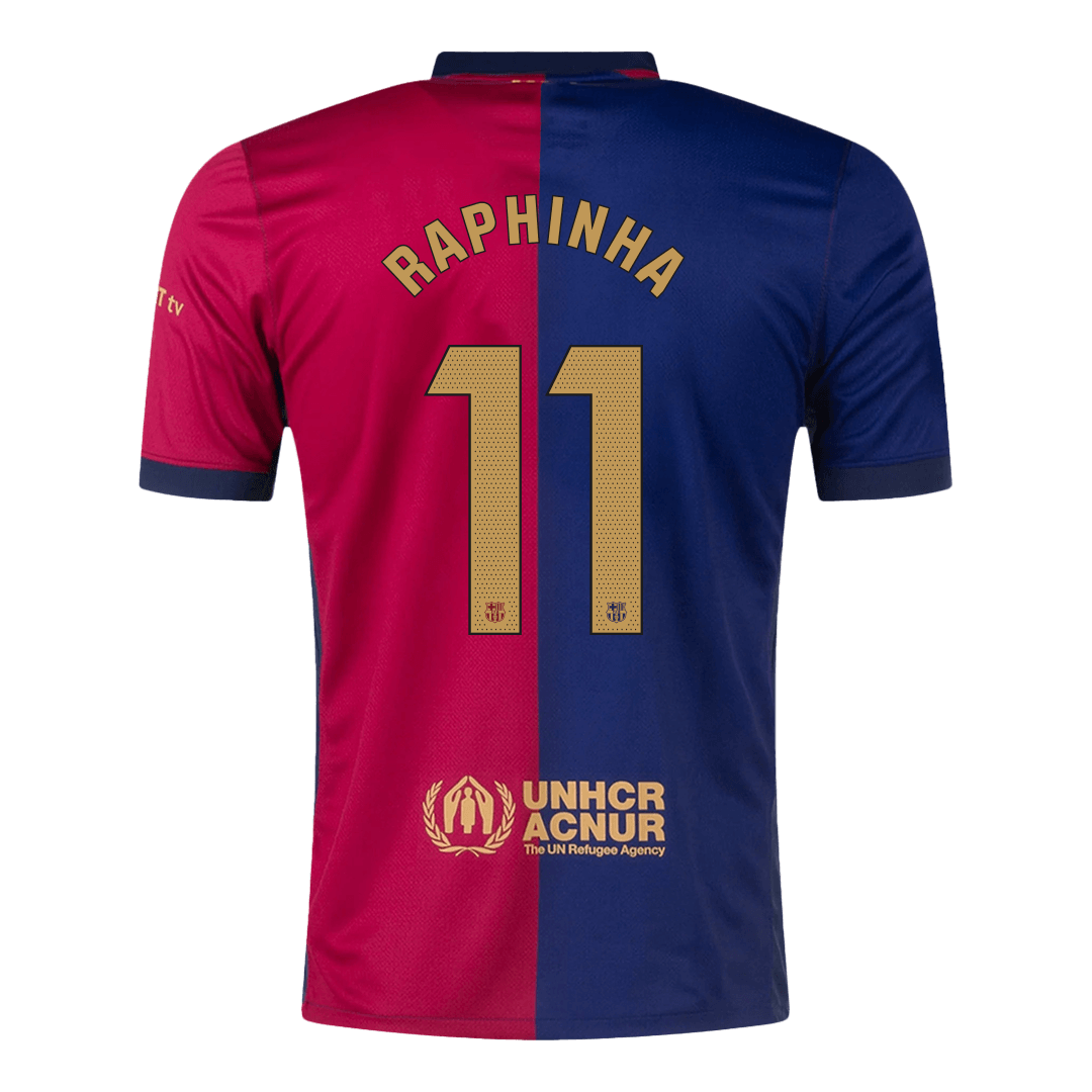 Barcelona Jersey RAPHINHA #11 Soccer Jersey Home 2024/25 Spotify Logo Without Text