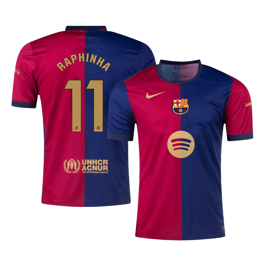 Barcelona Jersey RAPHINHA #11 Soccer Jersey Home 2024/25 Spotify Logo Without Text