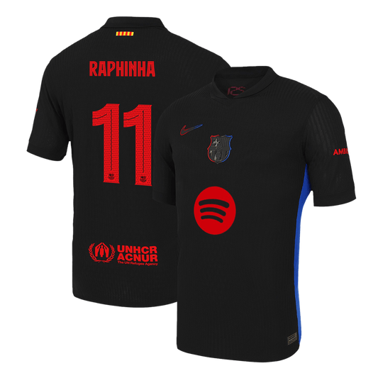 Authentisches RAPHINHA #11 Barcelona Fußballtrikot Auswärts 2024/25 – UCL (Spotify-Logo ohne Text)