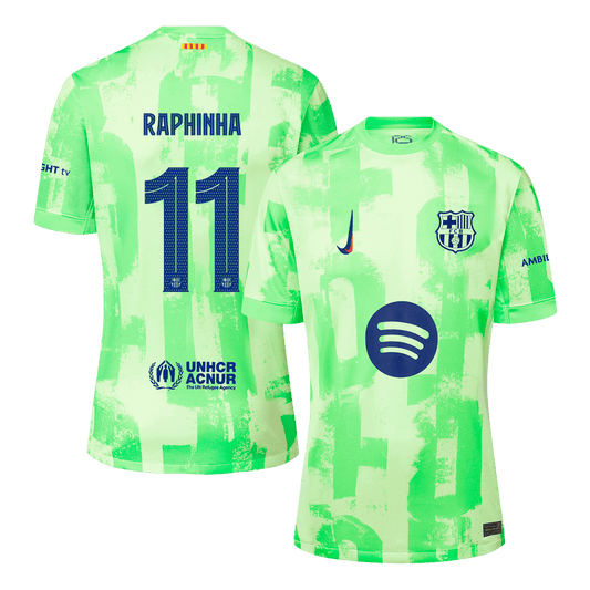 Barcelona-Trikot RAPHINHA #11, Fußballtrikot, drittes Auswärtstrikot 2024/25 – UCL (Spotify-Logo ohne Text)