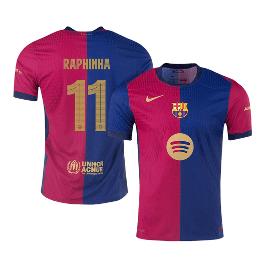 RAPHINHA #11 Authentisches Barcelona-Heimtrikot 2024/25, Rot und Blau – UCL (Spotify-Logo ohne Text)